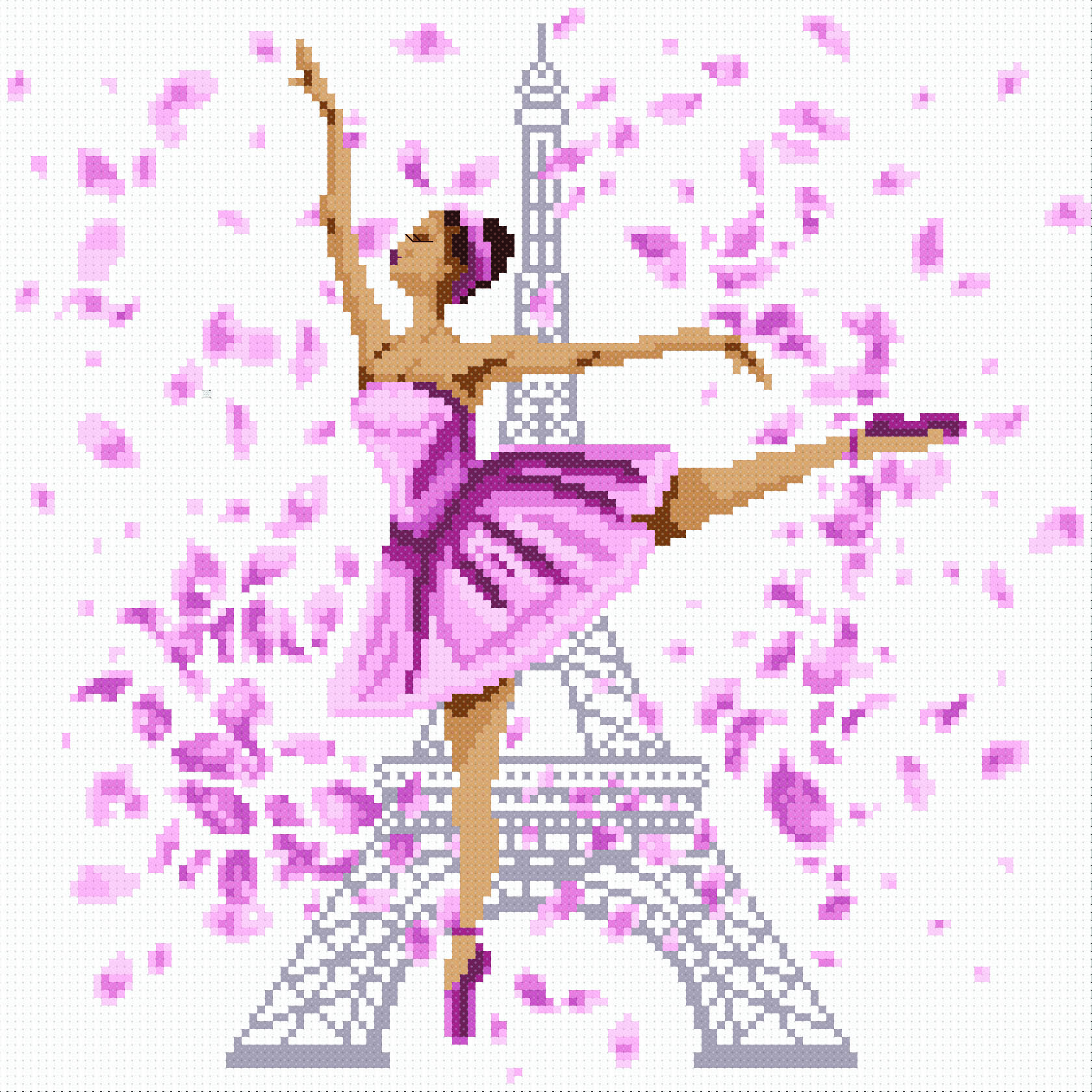 Kit de punto de cruz Parisina de Marie Coeur con bailarina rosa, Torre Eiffel y pétalos florales sobre tela Aida blanca.