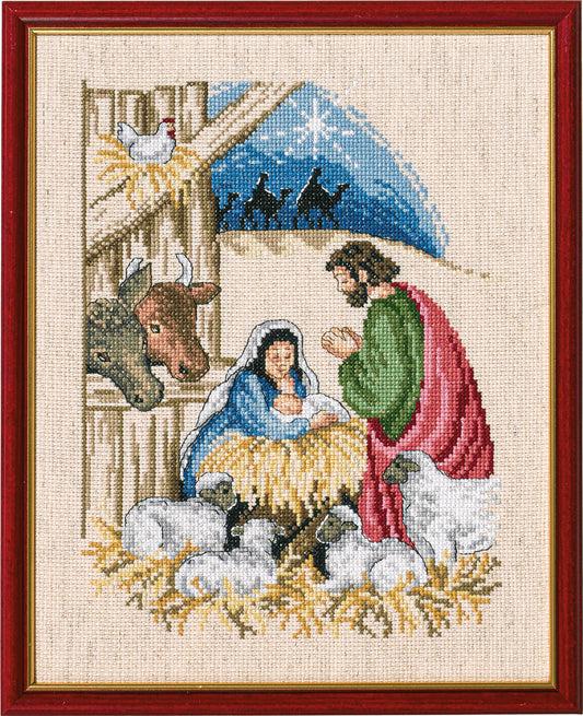 Kit de punto de cruz para hacer un cuadro del nacimiento del niño Jesús en el belén, con José, animales y siluetas de los reyes de Oriente