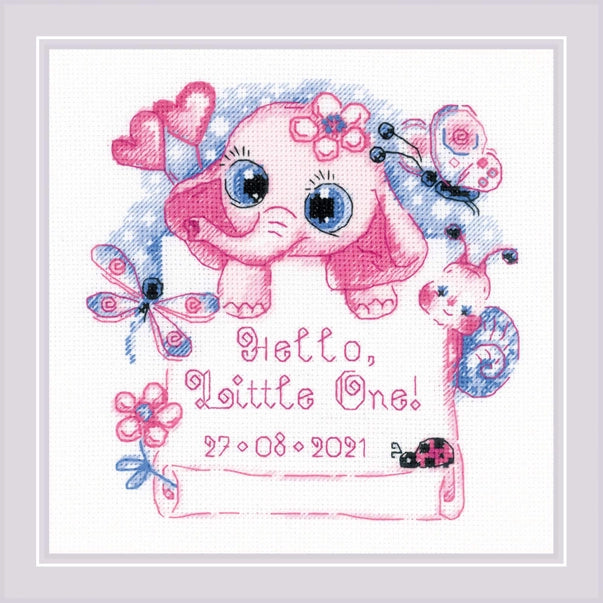 Kit de punto de cruz Riolis Hola Pequeño Niña con elefante rosa y diseño infantil personalizable bordado sobre tela Aida blanca 18 ct con hilos Anchor.