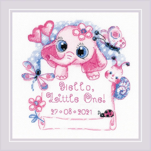 Kit de punto de cruz Riolis Hola Pequeño Niña con elefante rosa y diseño infantil personalizable bordado sobre tela Aida blanca 18 ct con hilos Anchor.