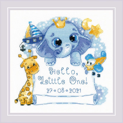 Kit de punto de cruz Riolis Hola Pequeño Niño con elefante azul y diseño infantil personalizable bordado sobre tela Aida blanca 18 ct con hilos Anchor.