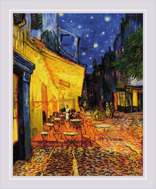 Kit de punto de cruz Riolis Terraza de Café por la Noche inspirado en Van Gogh con escena nocturna urbana bordada sobre tela Aida blanca con 29 colores.