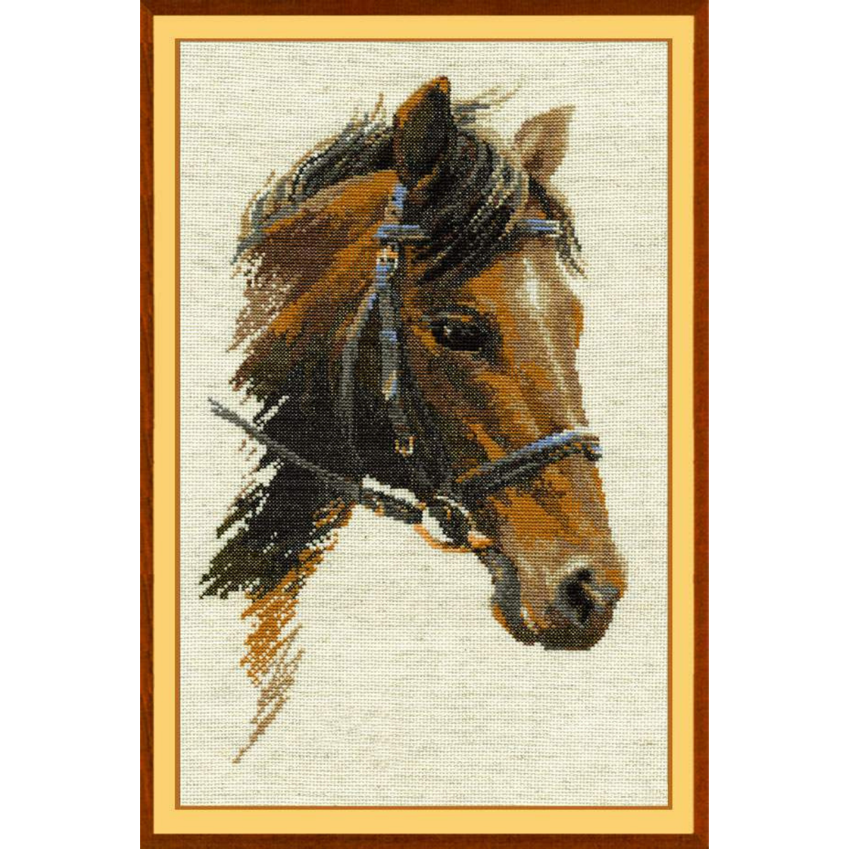Kit de punto de cruz Riolis Bulat, retrato de caballo castaño con crin oscura y brida sobre fondo de tela lino