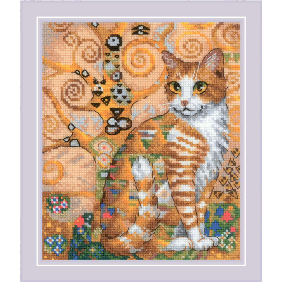Kit punto de cruz Gato Dorado Riolis 2319 con gato de ojos verdes y pelaje dorado sobre fondo decorativo con espirales y motivos geométricos.