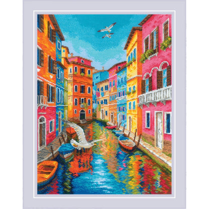Kit de punto de cruz Riolis Venecia 2327 con canal veneciano, barcas, edificios de colores y gaviotas