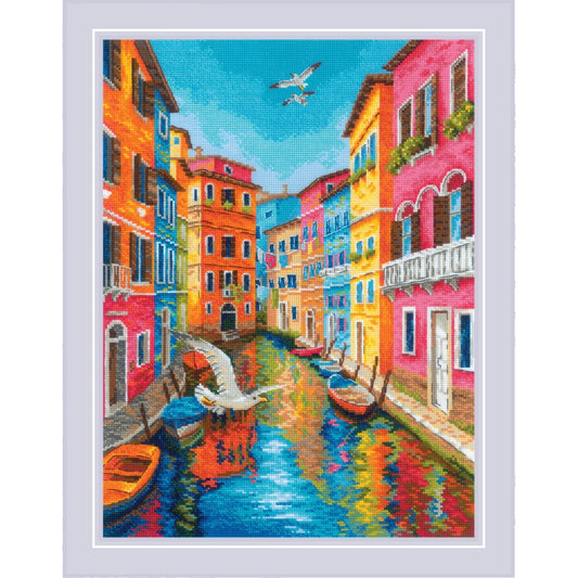 Kit de punto de cruz Riolis Venecia 2327 con canal veneciano, barcas, edificios de colores y gaviotas