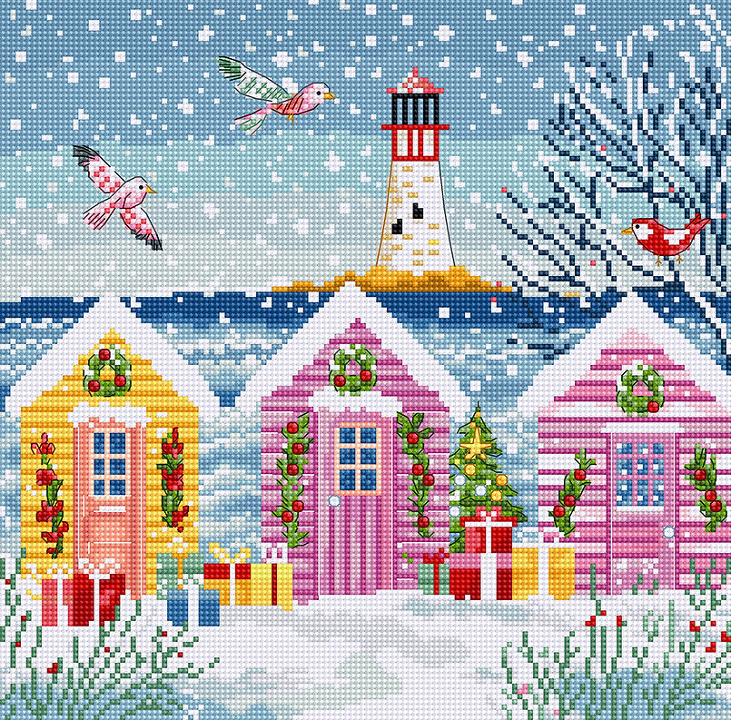 Kit de punto de cruz "Snowy Sea Cottages" con cabañas decoradas para Navidad, nieve, regalos, aves marinas y un faro de fondo. Diseño vibrante y festivo.