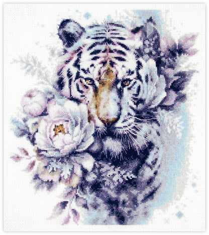 Kit de punto de cruz Magic Needle “Tigre Blanco” con el rostro de un tigre blanco y una flor blanca. Incluye tela Aida, hilos y aguja.