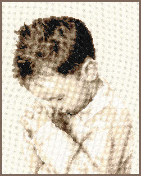 Kit de punto de cruz fácil Vervaco niño rezando en tonos sepia, diseño clásico y espiritual ideal para principiantes en bordado.