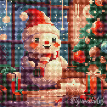 Kit de Punto Diamante Figured’Art "Muñeco de Nieve Feliz" (Lienzo con Bastidor 25×25 cm)
