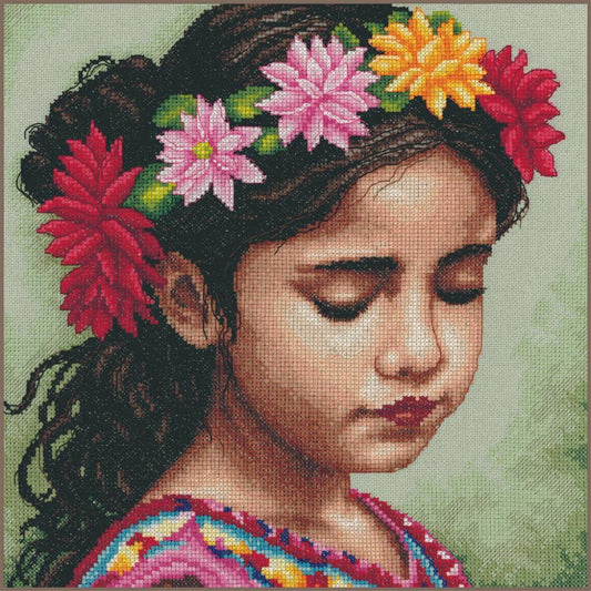 Bordado en punto de cruz de una niña con una diadema de flores