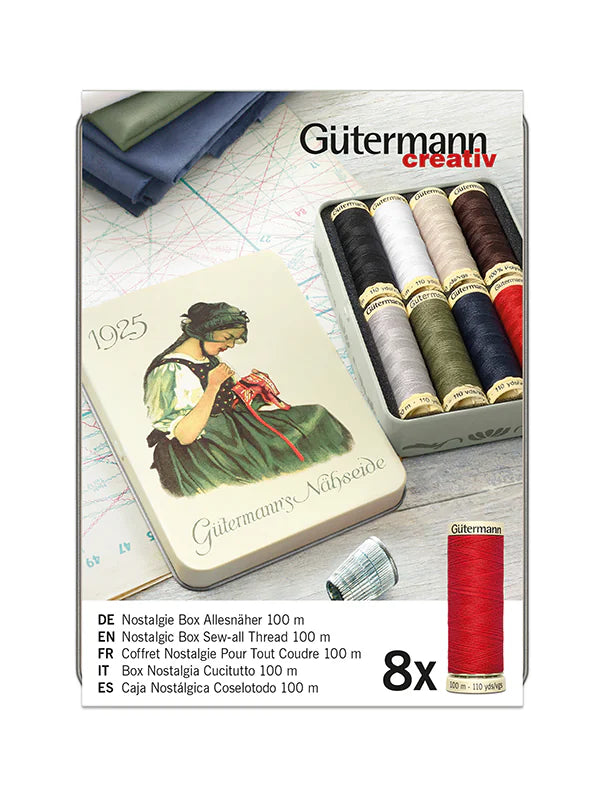 Lata de Hilos Gütermann Coselotodo 100m - Nostalgia Box - 8 Colores Básicos