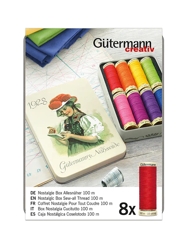 Lata de Hilos Gütermann Coselotodo 100m - Nostalgia Box - 8 Colores Vivos