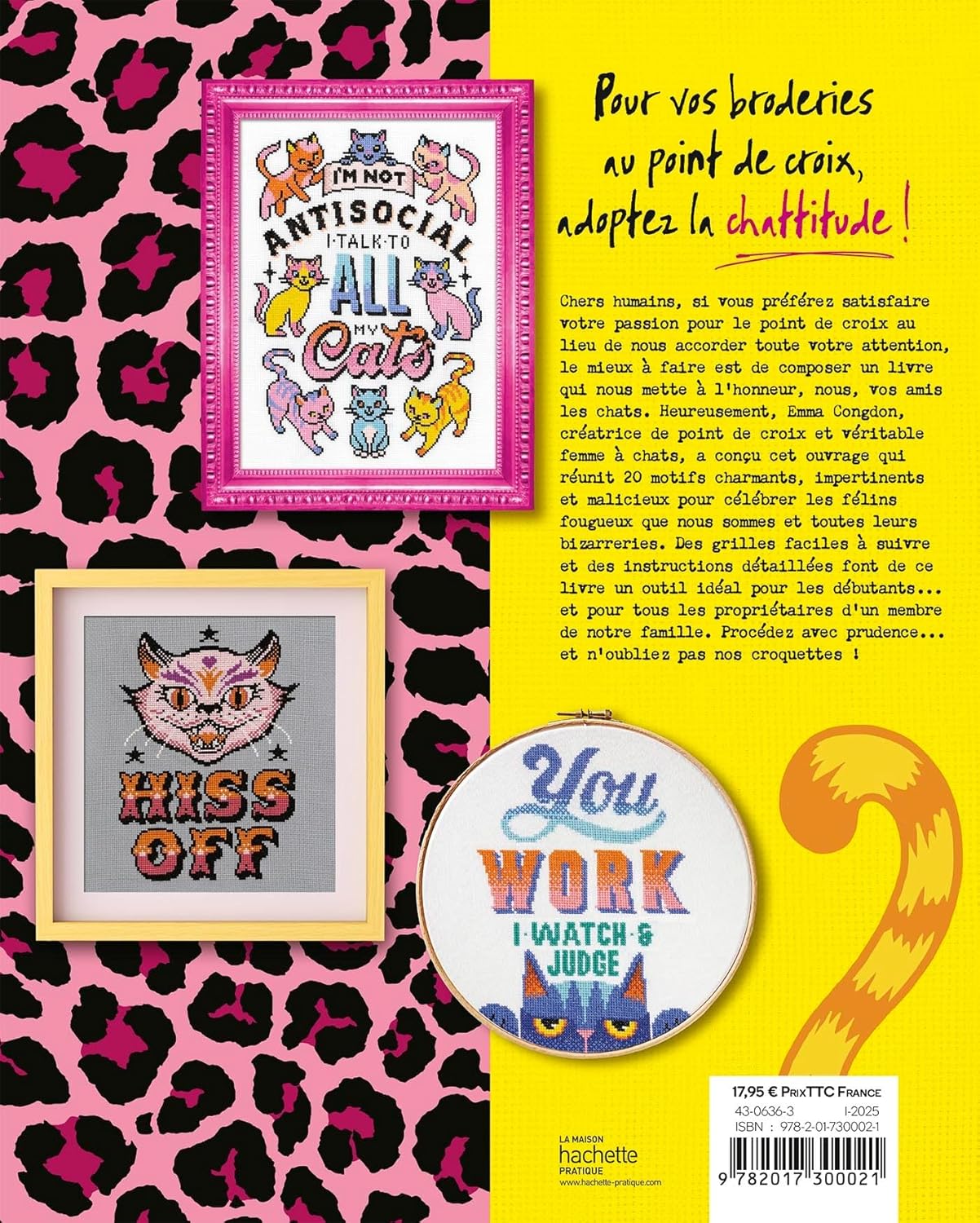 Libro “Point de croix avec chattitude: 20 designs d’enfer” de Emma Congdon (Hachette Pratique), portada con motivos de gatos para patrones de punto de cruz.