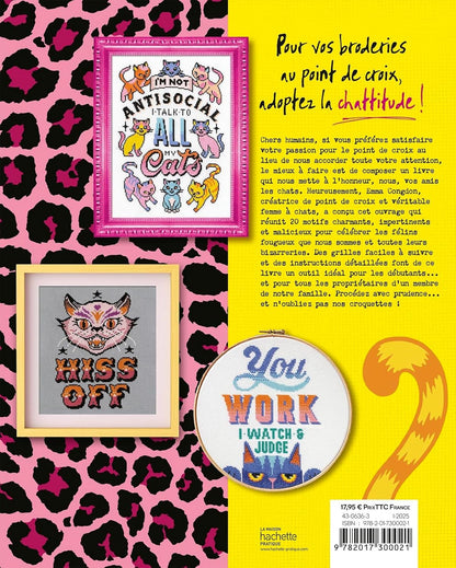 Libro “Point de croix avec chattitude: 20 designs d’enfer” de Emma Congdon (Hachette Pratique), portada con motivos de gatos para patrones de punto de cruz.