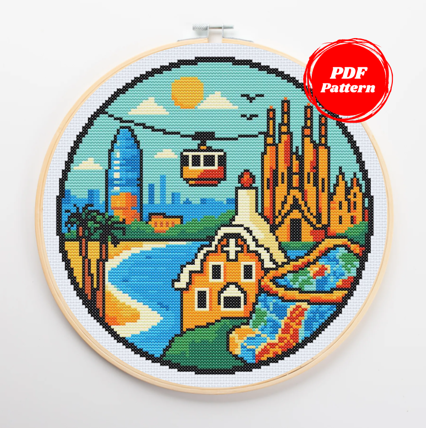 Patrón de punto de cruz de la ciudad de Barcelona en forma cilíndrica 