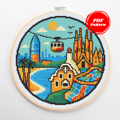 Patrón de punto de cruz de la ciudad de Barcelona en forma cilíndrica 