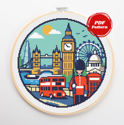 Patrón de punto de cruz de Londres compactado en un circulo