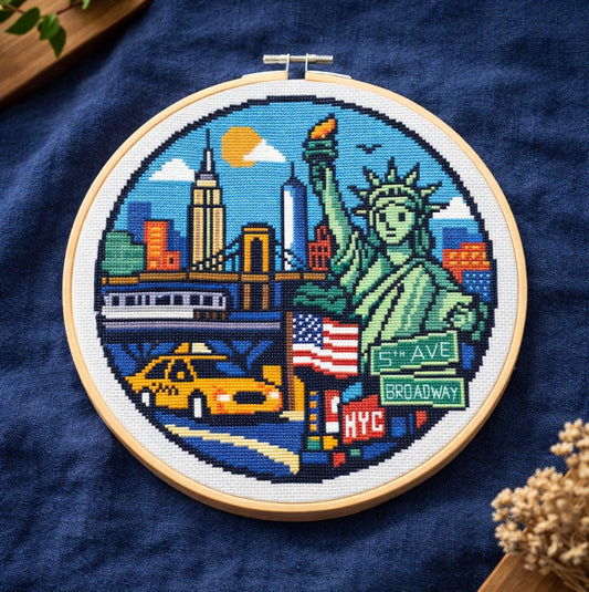 Patrón de punto de cruz con los monumentos más emblemáticos de nueva york