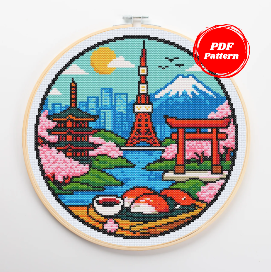 Patrón de punto de cruz con  los monumentos más emblemático de Tokyo