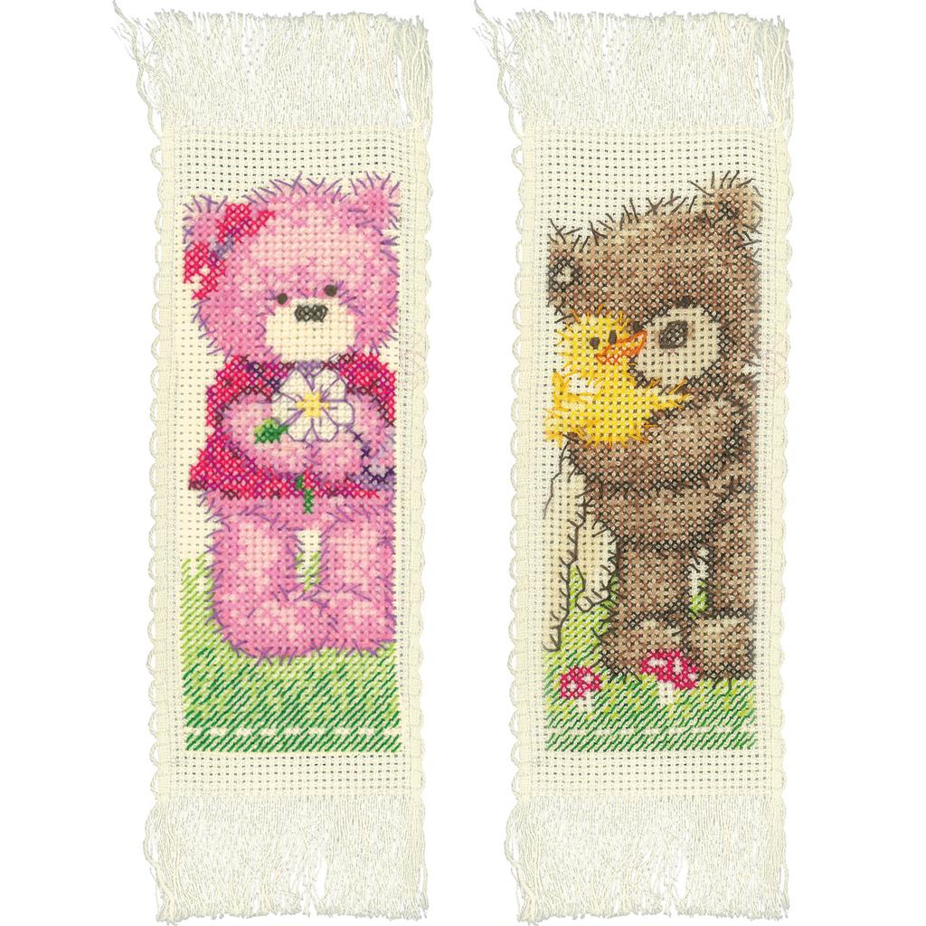 Kit de punto de cruz fácil Vervaco con dos marcapáginas de ositos de peluche, ideal para principiantes y regalo para amantes de la lectura.