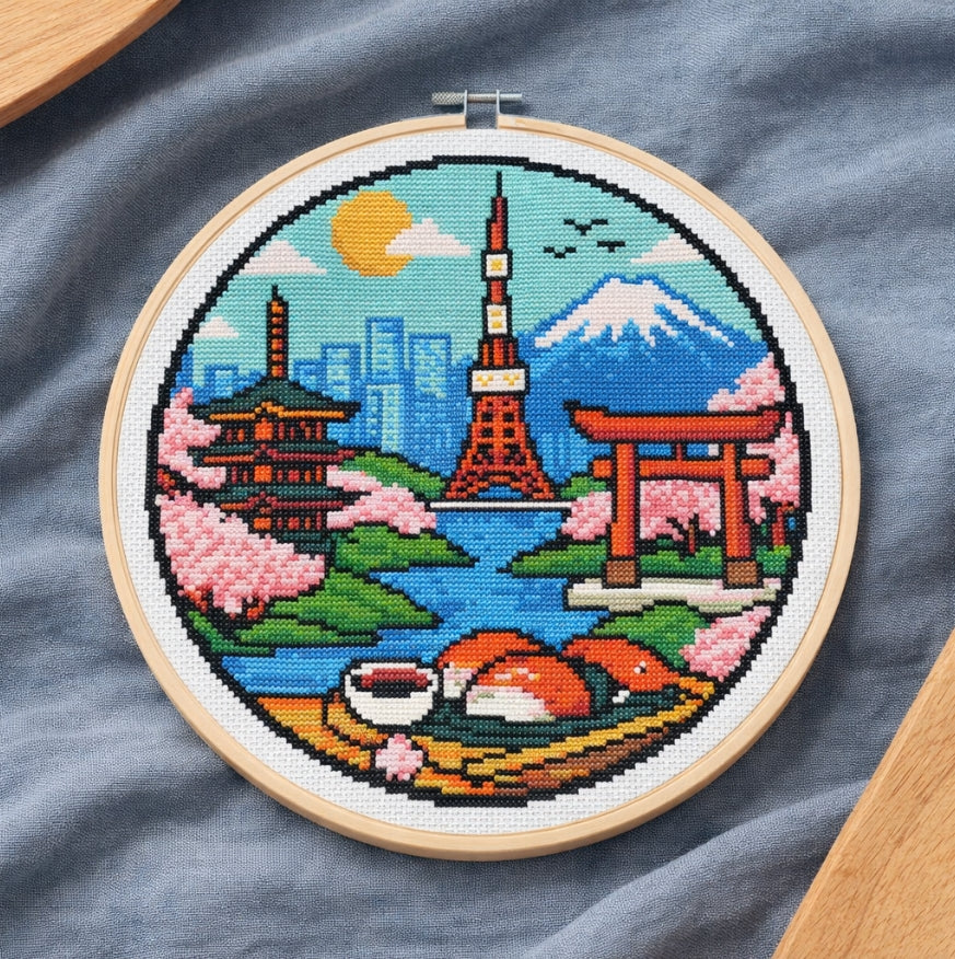 Patrón de punto de cruz con  los monumentos más emblemático de Tokyo