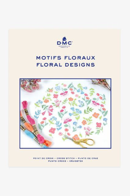 Mini libro de patrones de punto de cruz de flores con motivos florales inspirados en diferentes culturas y estilos.