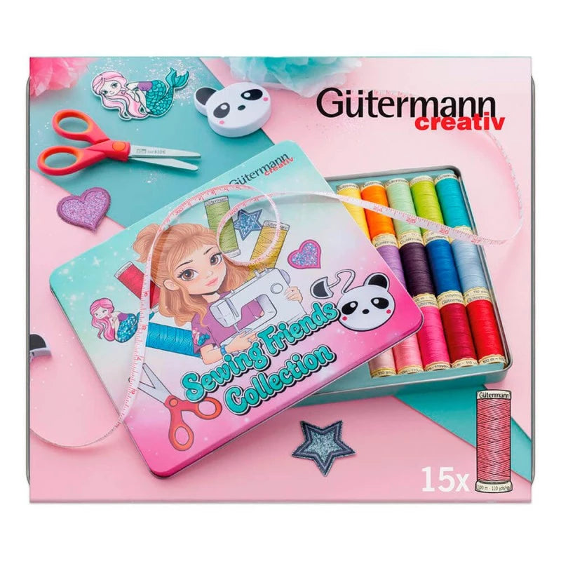 Lata Sewing Friends de Gütermann con 15 bobinas de hilo, tijera infantil, cinta métrica panda y aplicaciones