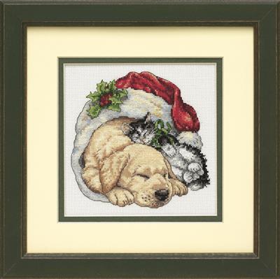 Kit de punto de cruz "Christmas Morning Pets" - Dimensions - Navidad perro gato