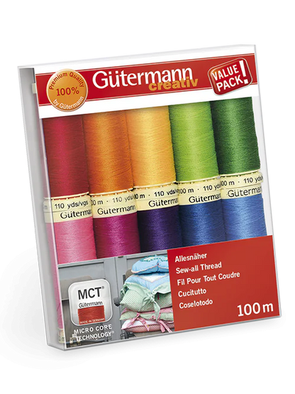 Set de 10 bobinas de hilo Gütermann Coselotodo de 100 m en rojo, naranja, amarillo, verde, rosa y azul