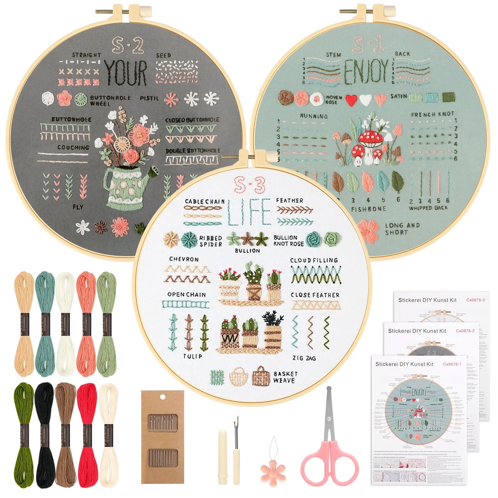Kit de bordado para principiantes con bastidor de bambú, hilos de colores y patrones florales estampados. Incluye accesorios y caja de regalo.