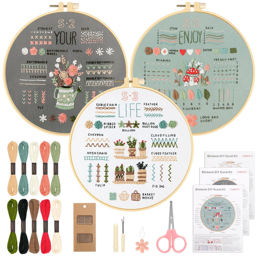 Kit de bordado para principiantes con bastidor de bambú, hilos de colores y patrones florales estampados. Incluye accesorios y caja de regalo.