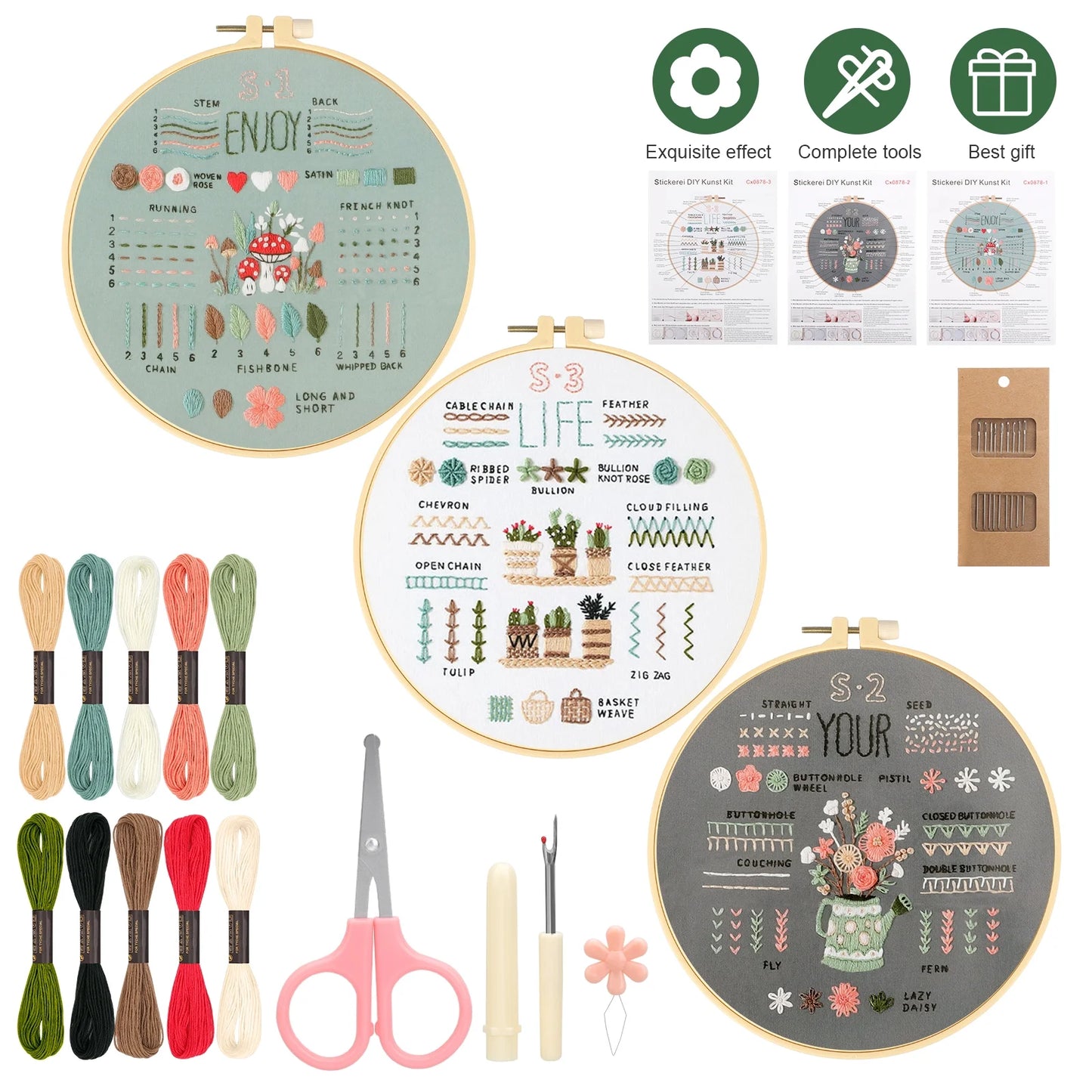 Kit de Bordado para Principiantes Completo - Pack con 3 Diseños de Motivos Florales