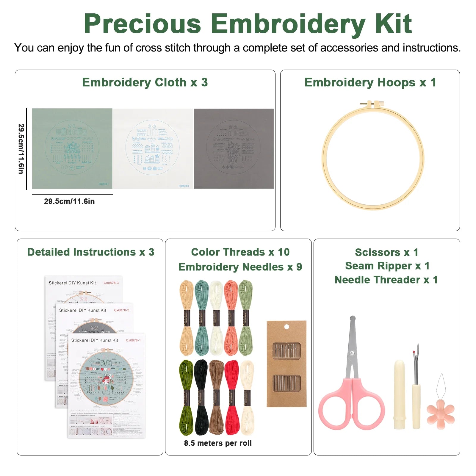 Kit de Bordado para Principiantes Completo - Pack con 3 Diseños de Motivos Florales