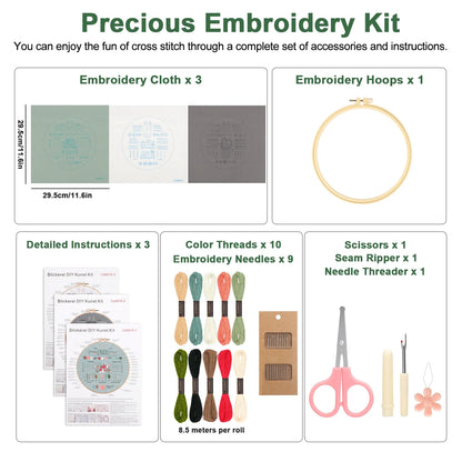 Kit de Bordado para Principiantes Completo - Pack con 3 Diseños de Motivos Florales
