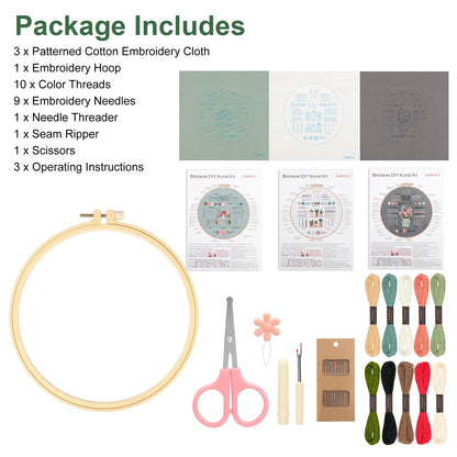 Kit de Bordado para Principiantes Completo - Pack con 3 Diseños de Motivos Florales