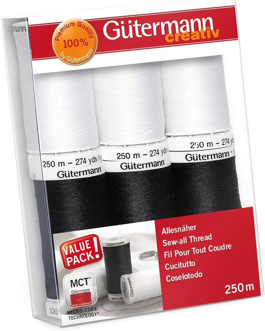 Set de Hilos Gütermann Coselotodo 250m - Blanco y Negro - 6 Bobinas