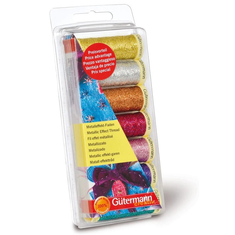 Set de 7 bobinas de hilo metalizado Gütermann en oro, plata, cobre, fucsia, rosa, violeta y turquesa