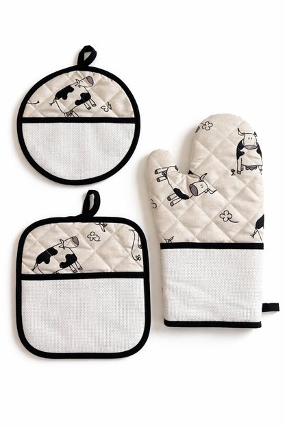 Set de cocina para bordar BM Ricami con manopla y agarraderas con diseño de vacas y tela Aida 14 ct para personalizar en punto de cruz.