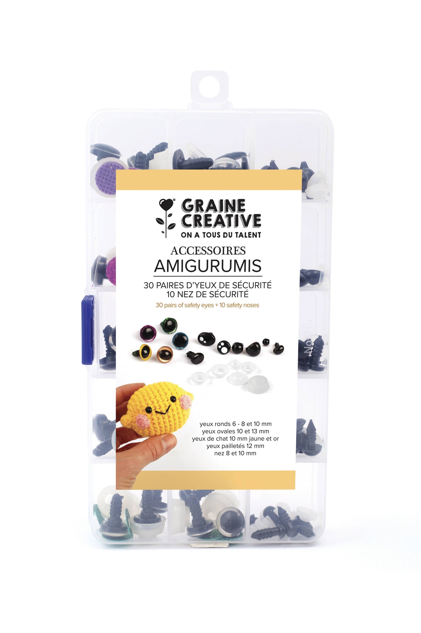 Set de ojos y narices de seguridad Graine Créative para amigurumi en caja organizadora con compartimentos