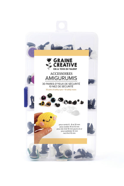 Set de ojos y narices de seguridad Graine Créative para amigurumi en caja organizadora con compartimentos