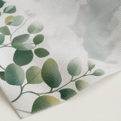Detalle de tela Aida impresa Hojas de Eucalipto de Loisirs Créatifs con textura Aida 18 ct y hojas verdes estampadas.