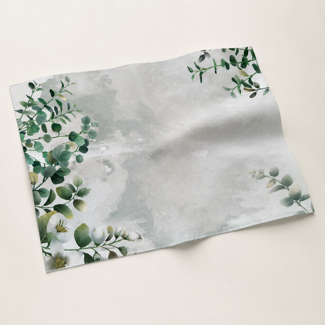 Tela Aida impresa Hojas de Eucalipto de Loisirs Créatifs en perspectiva con estampado botánico verde sobre fondo claro.