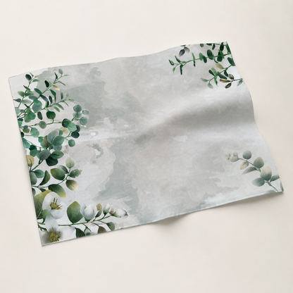 Tela Aida impresa Hojas de Eucalipto de Loisirs Créatifs en perspectiva con estampado botánico verde sobre fondo claro.