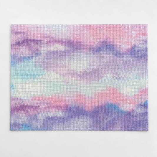 Tela Aida impresa precortada Acuarela Pastel de Loisirs Créatifs en formato 30x40 cm con estampado multicolor en tonos rosa, lila, azul y turquesa.