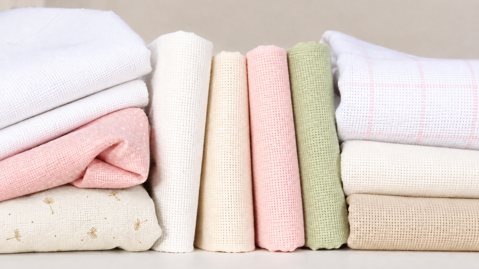 Telas Aida y telas para bordar en tonos blanco, crudo, rosa y verde, promocionando una oferta del 15% en telas para bordado en ElMundoEnCruz.