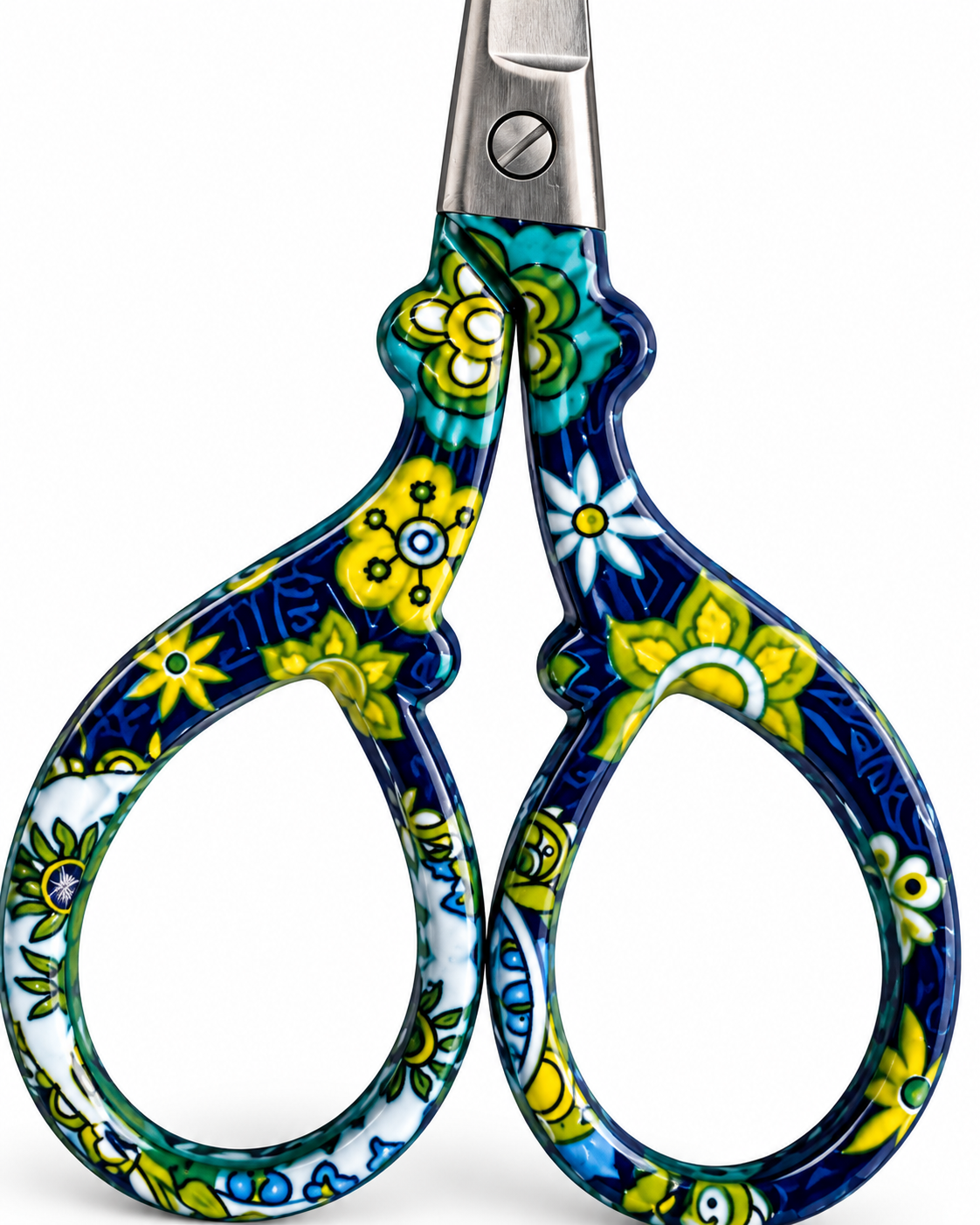 Tijeras de bordado Nadel de 9,3 cm con asas azul marino y estampado floral tipo azulejo