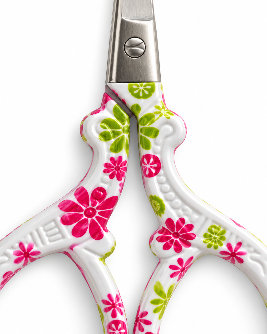 Tijeras de bordado Nadel de 9,3 cm con asas blancas y margaritas en fucsia y verde