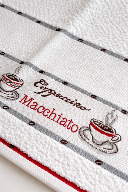 Trapo de cocina para bordar BM Ricami con diseño de café y banda Aida 14 ct para personalizar en punto de cruz.