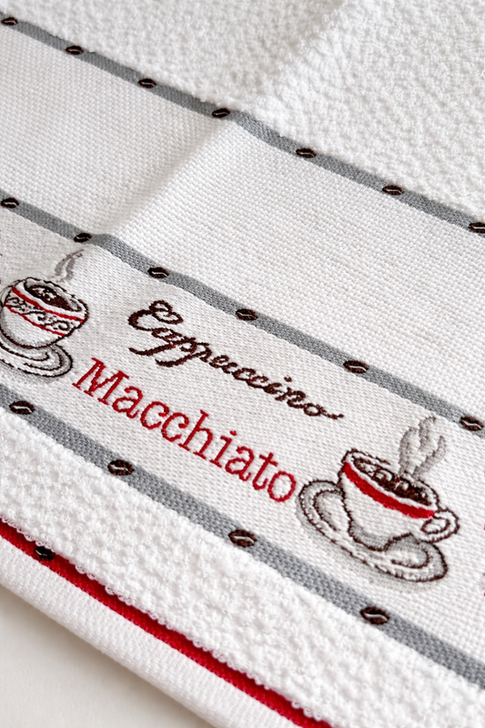 Trapo de cocina para bordar BM Ricami con diseño de café y banda Aida 14 ct para personalizar en punto de cruz.